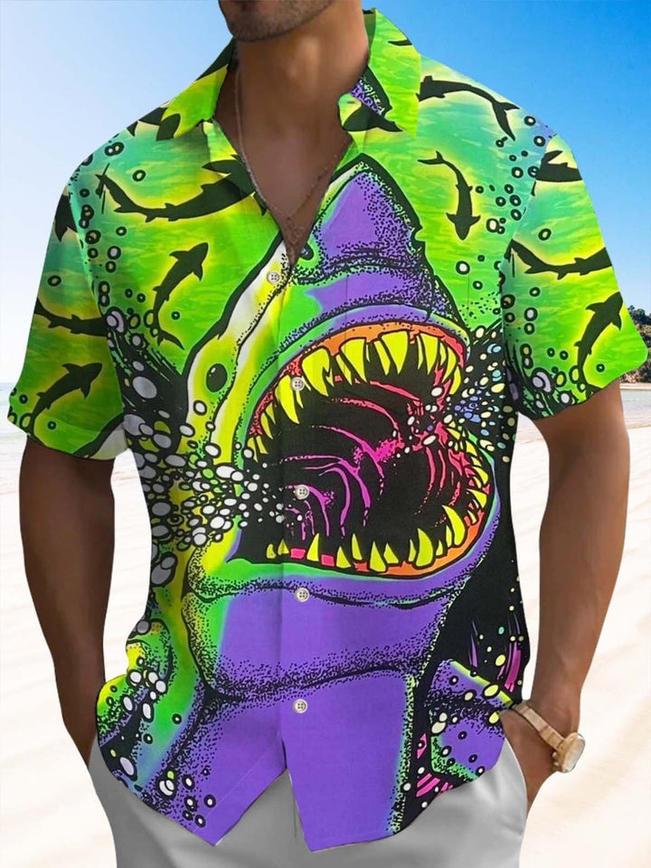 Alohadaddy® Retro Shark Art Print Chest Pocket Stretch Men&