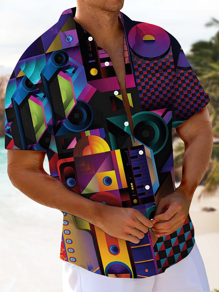 Alohadaddy® Retro Geometric Musical Instruments Print Art Chest Pocket Stretch Men&