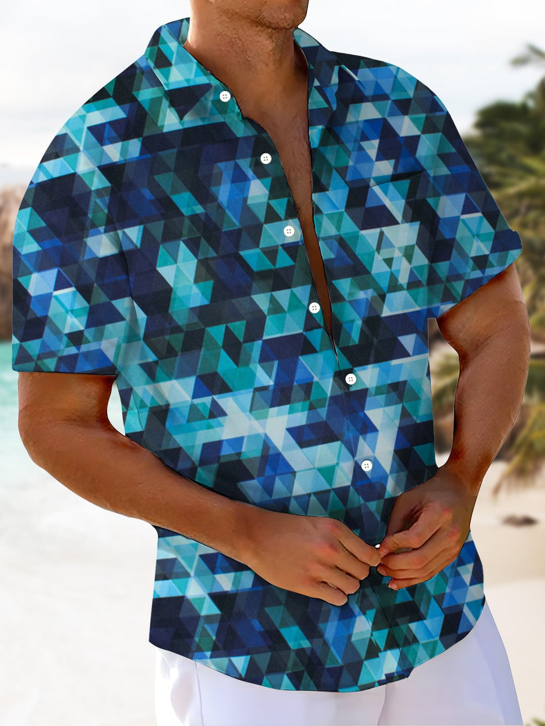 Alohadaddy® Casual Geometric Art Print Chest Pocket Men&
