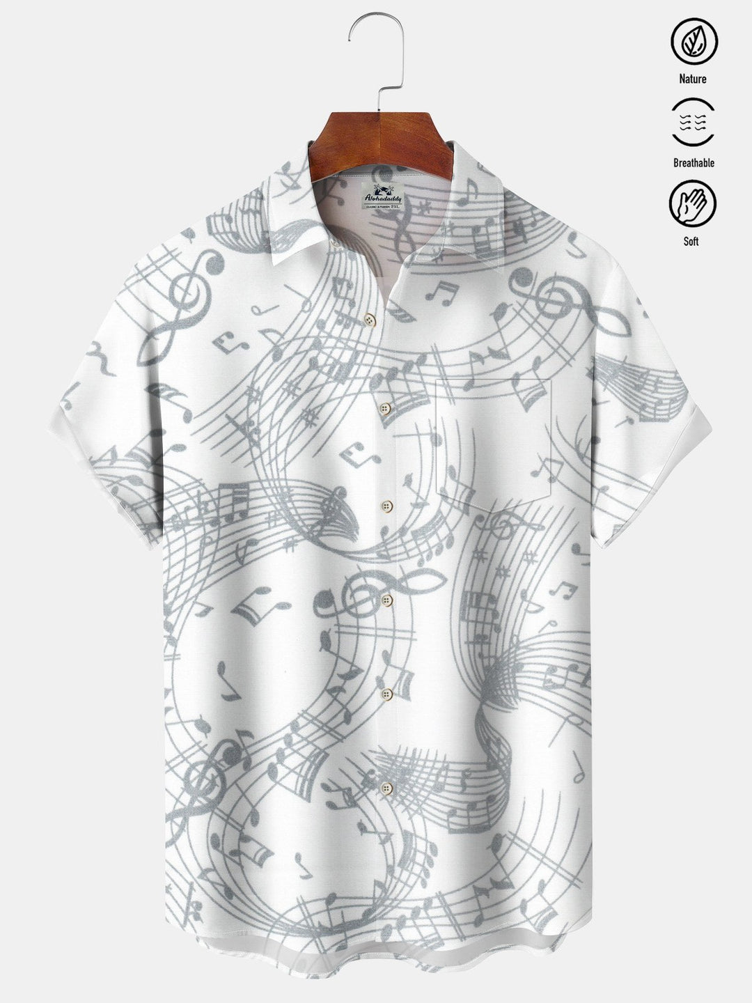 Alohadaddy® Casual Linen Music Notes Print Art Pockets Moisture Wicking Hawaiian Shirt Big &amp; Tall