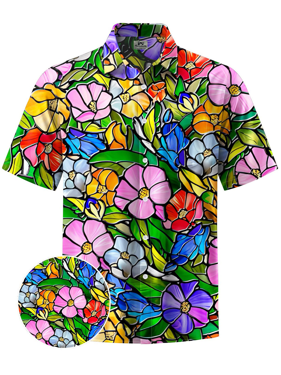 Alohadaddy® Hawaiian Flowers Glass Art Print Chest Pocket Mens Short Sleeve Shirt Big &amp; Tall