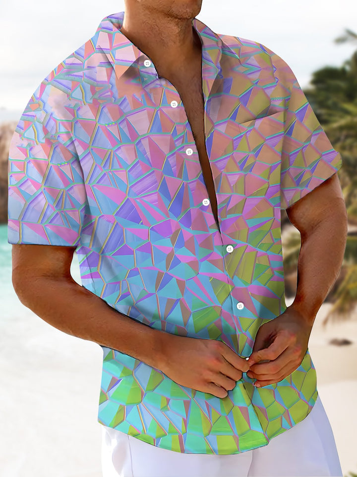Alohadaddy® Hawaii Ombre Geometric Art Print Chest Pocket Mens Short Sleeve Shirt Big &amp; Tall