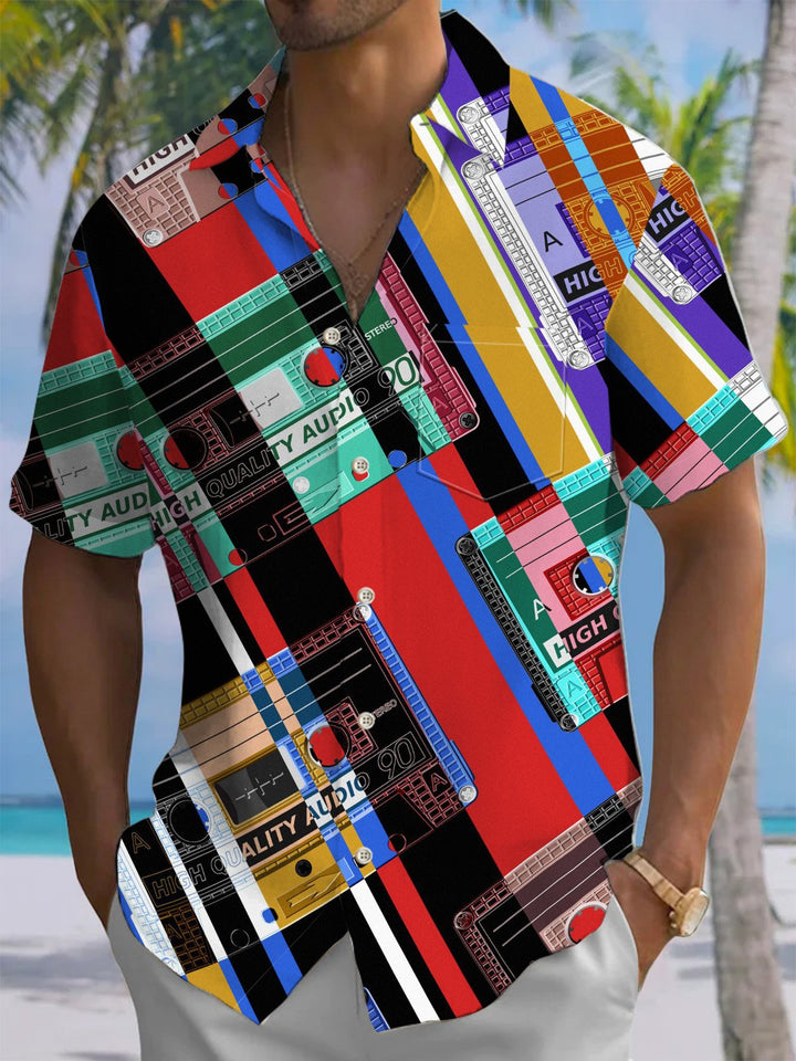 Alohadaddy® Vintage Videotape Geometric Art Print Chest Pocket Mens Short Sleeve Shirt Big &amp; Tall