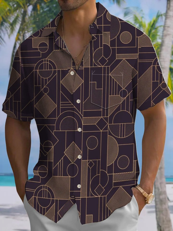 Alohadaddy® Casual Geometric Art Print Chest Pocket Men&