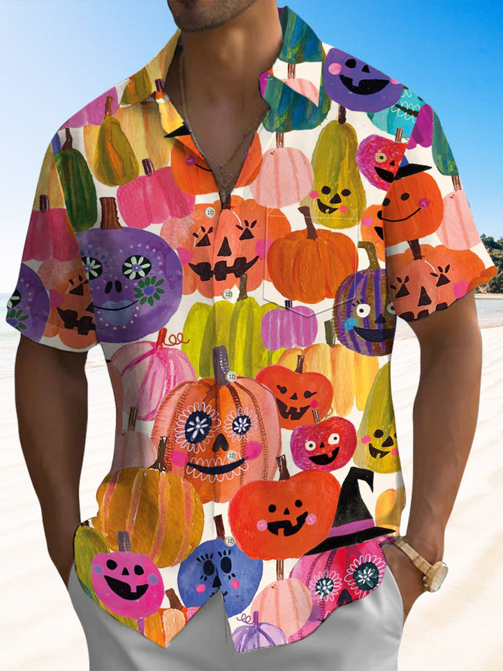 Alohadaddy® Halloween Pumpkin Art Print Chest Pocket Stretch Men&