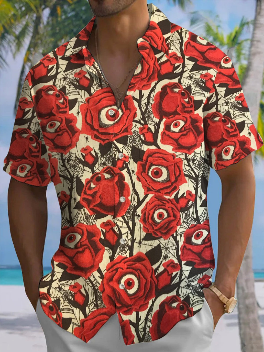 Alohadaddy® Vintage Eye-catching Rose Eye Print Pocket Button Elastic Men&