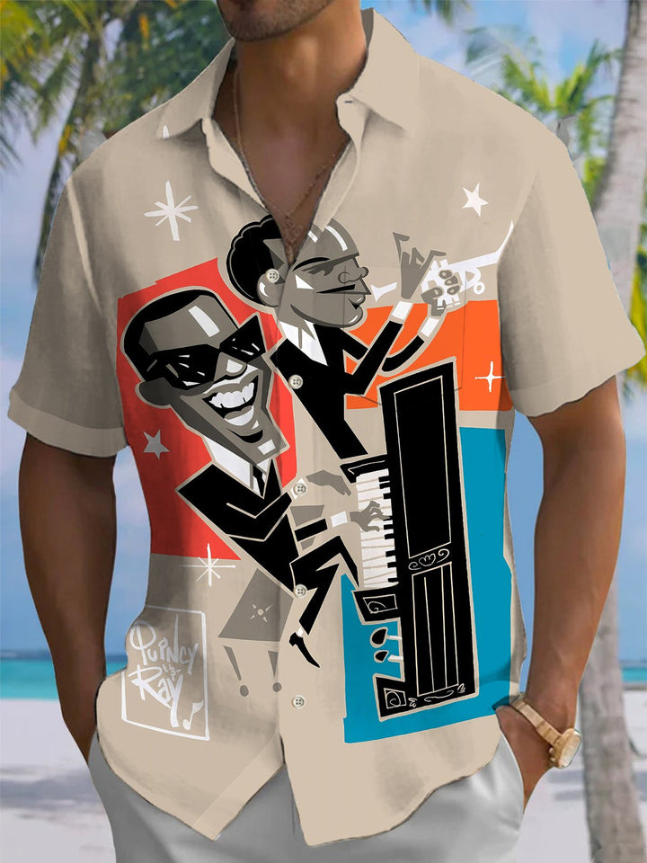 Alohadaddy® Retro Geometric Jazz Print Pocket Elastic Button Men&