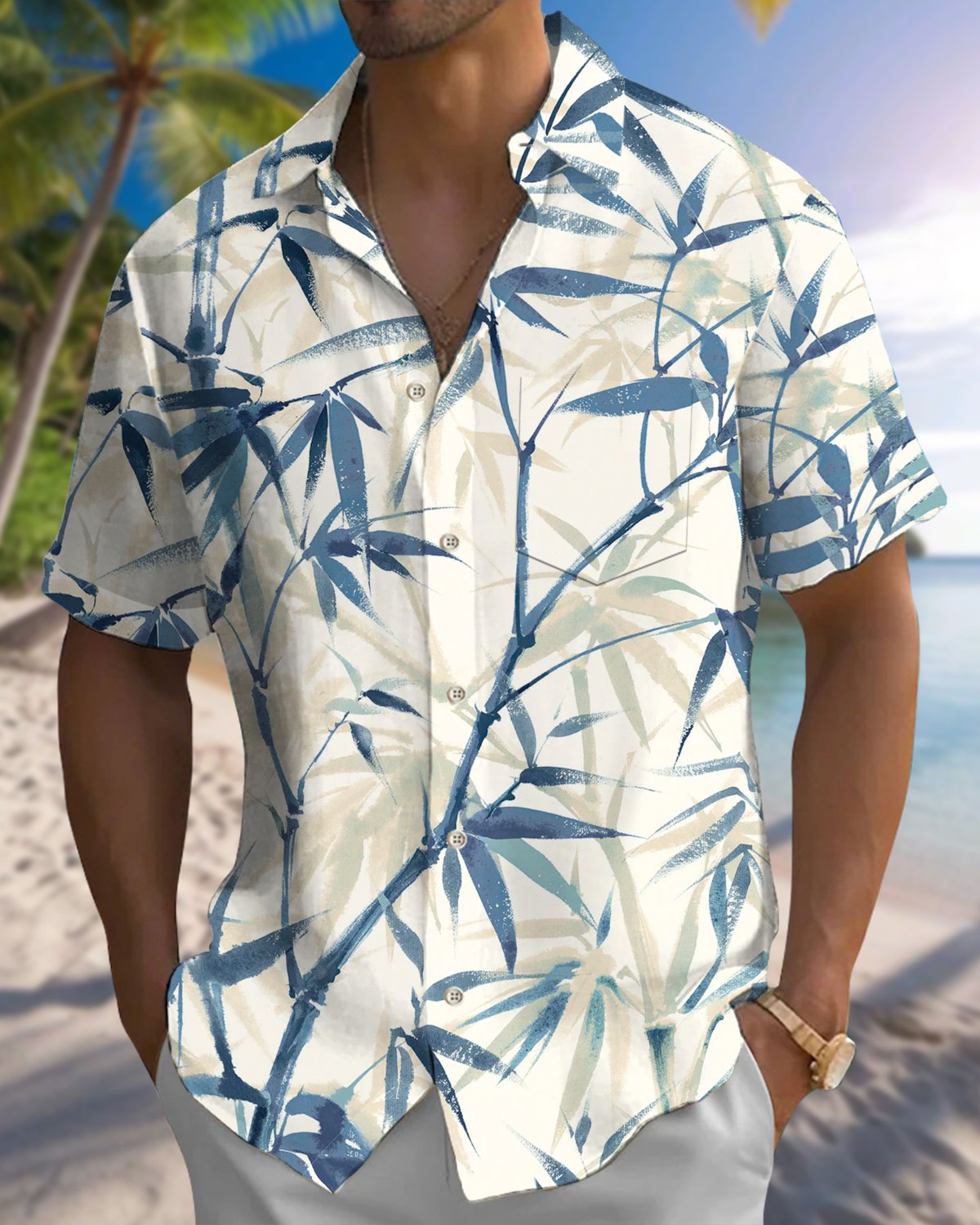 Alohadaddy® Hawaiian Bamboo Graphic Print Pockets Elastic Button Closure Men's Long Sleeve Shirt Big & Tall