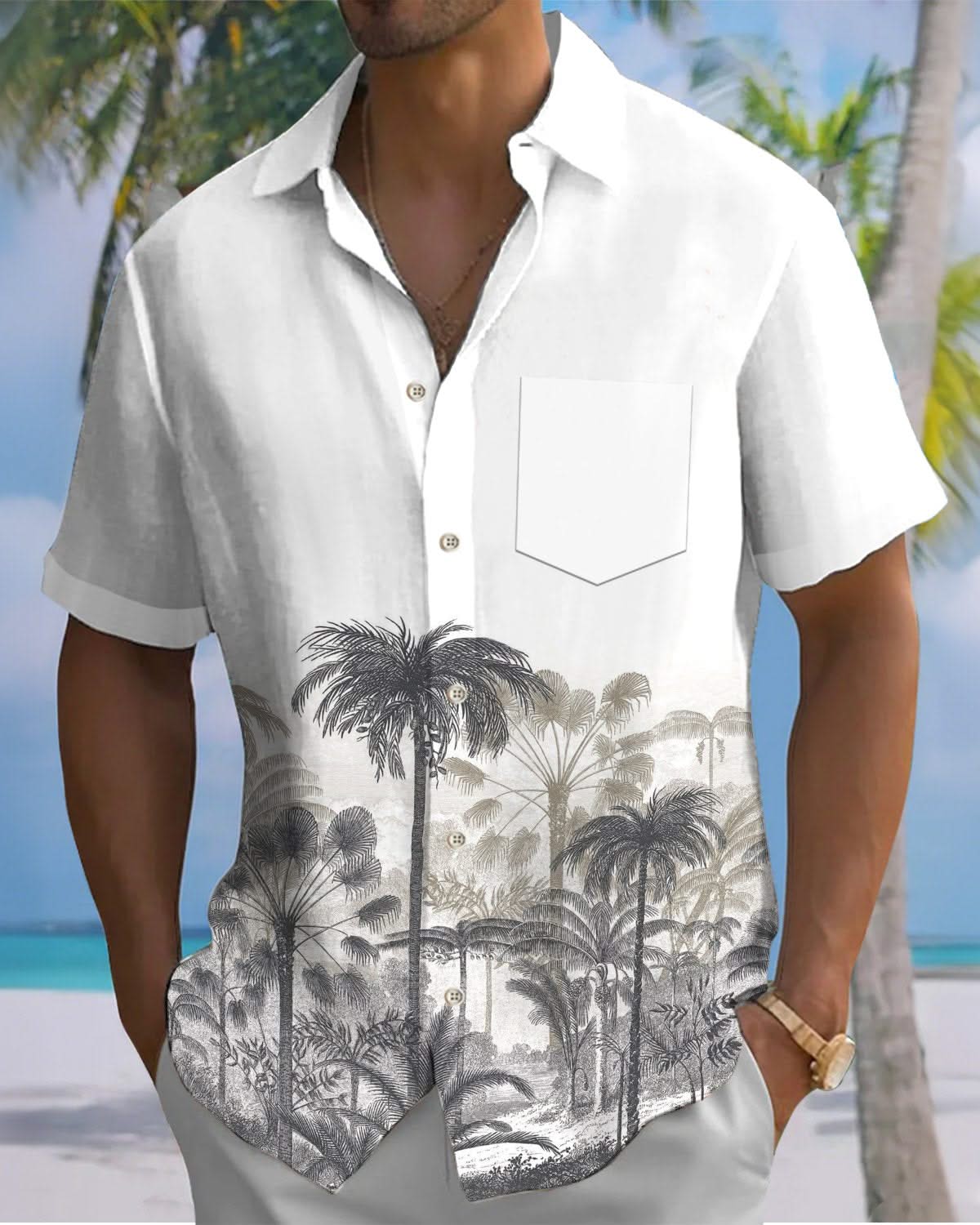 Alohadaddy® Casual Palm Tree Print Pocket Elastic Button Men's Short Sleeve Shirt Big & Tall