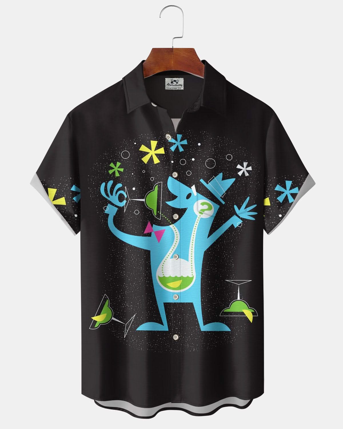 Alohadaddy® Retro Geometric Cartoon Atom Cocktail Print Art Pocket Button Elastic Men's Short Sleeve Shirt Big & Tall