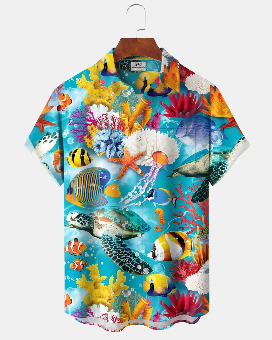 Alohadaddy® Casual Underwater World Fish Print Art Pocket Button Stretch Men&