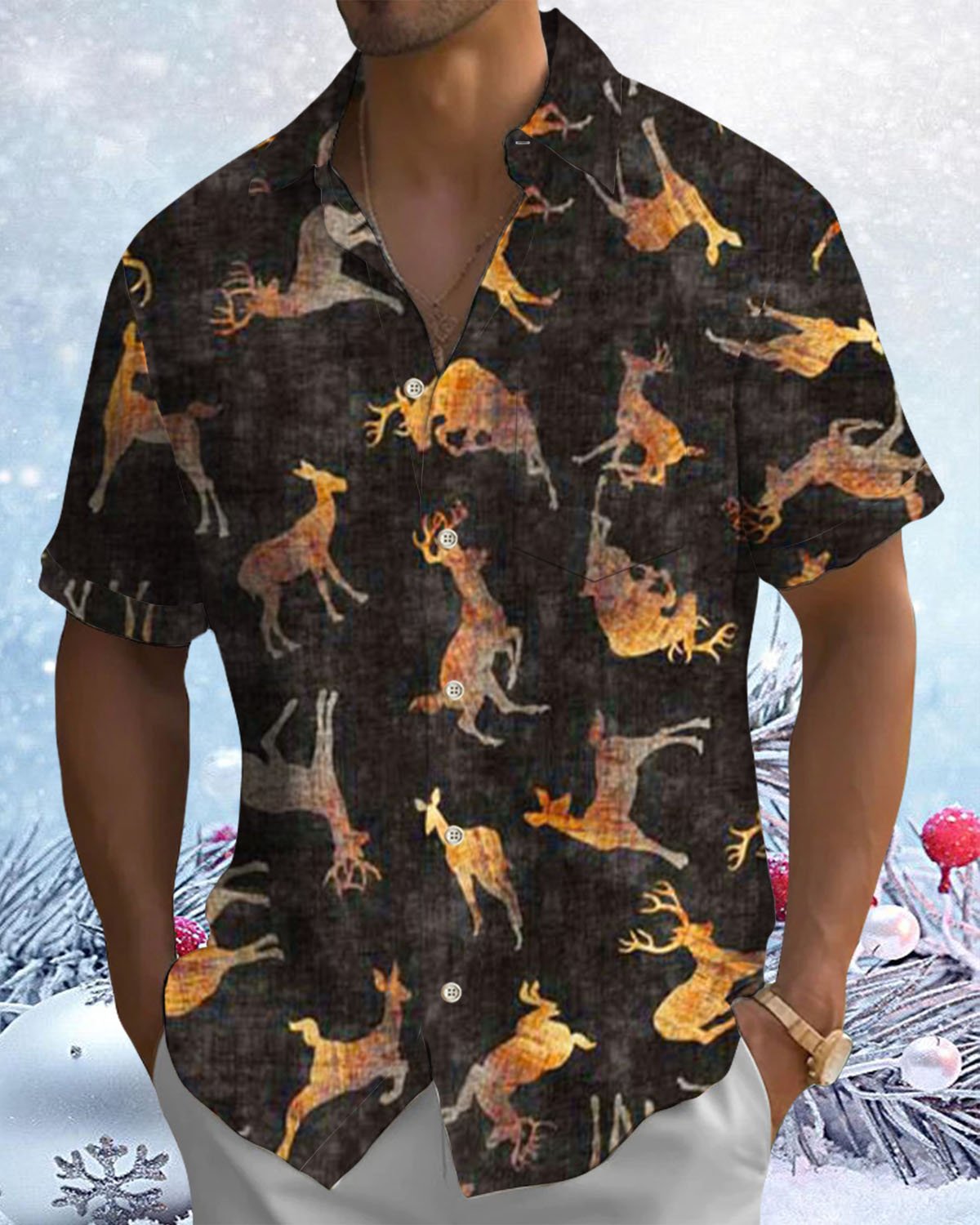 Alohadaddy® Christmas Reindeer Print Artistic Stretch Button Pocket Men's Short Sleeve Shirt Big & Tall
