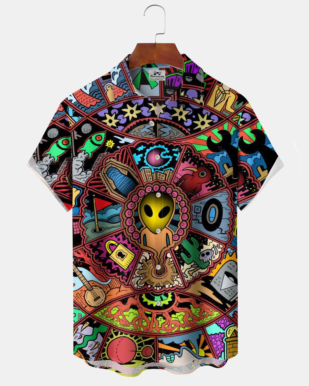 Alohadaddy® Casual Alien Print Art Stretch Pocket Button Men's Short Sleeve Shirt Big & Tall