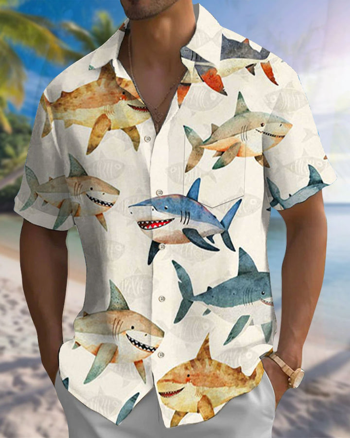 Alohadaddy® Hawaiian Shark Print Art Button Pocket Men&