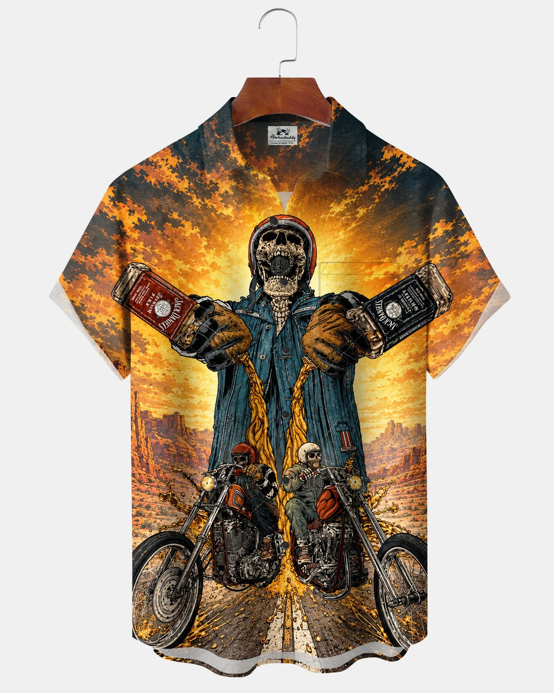 Alohadaddy® Casual Retro Skull Motorcycle Highway Whiskey Print Men&