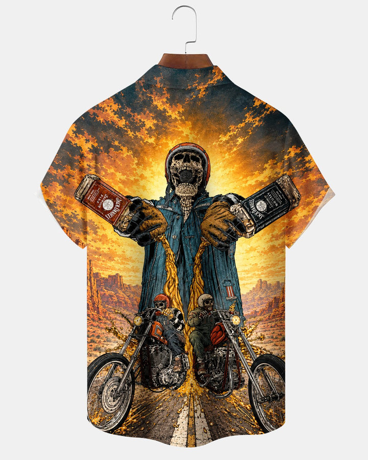 Alohadaddy® Casual Retro Skull Motorcycle Highway Whiskey Print Men&