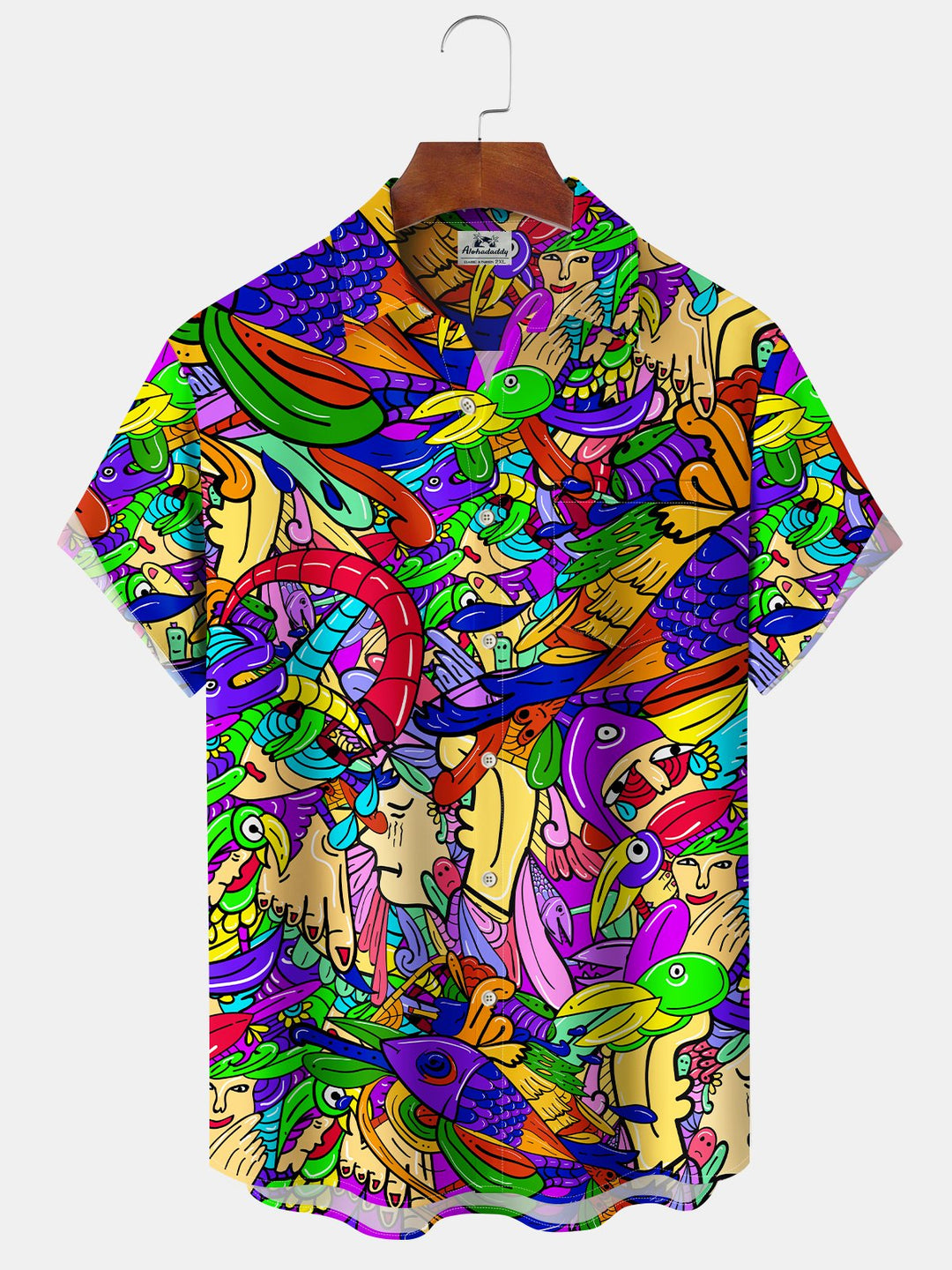 Alohadaddy Casual Series Graffiti Daily Cool Feeling Print Art Pocket Cardigan Button Polyester Stretch Short Sleeve Shirt