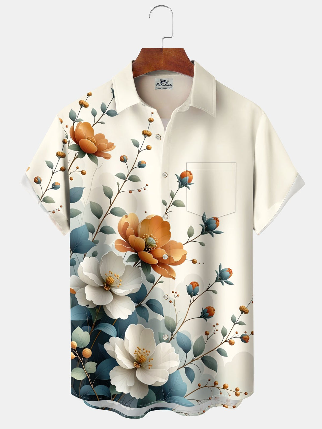 Alohadaddy Casual Collection Flowers Print Art Buttons Cardigan Pockets Fresh Stretch Polyester Short Sleeve Shirt