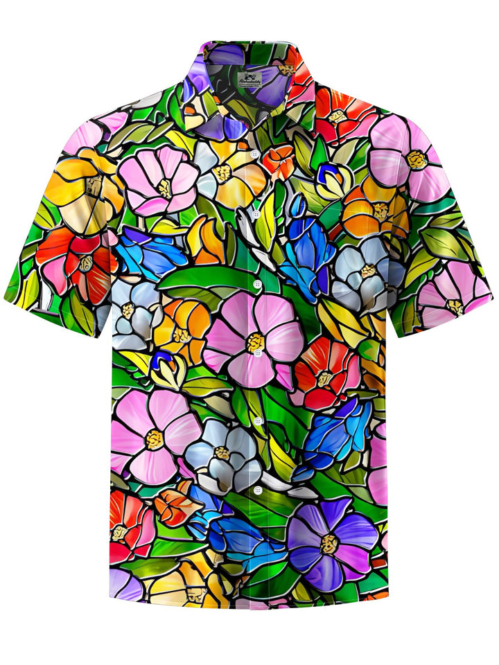 Alohadaddy® Hawaiian Flowers Glass Art Print Chest Pocket Mens Short Sleeve Shirt Big &amp; Tall