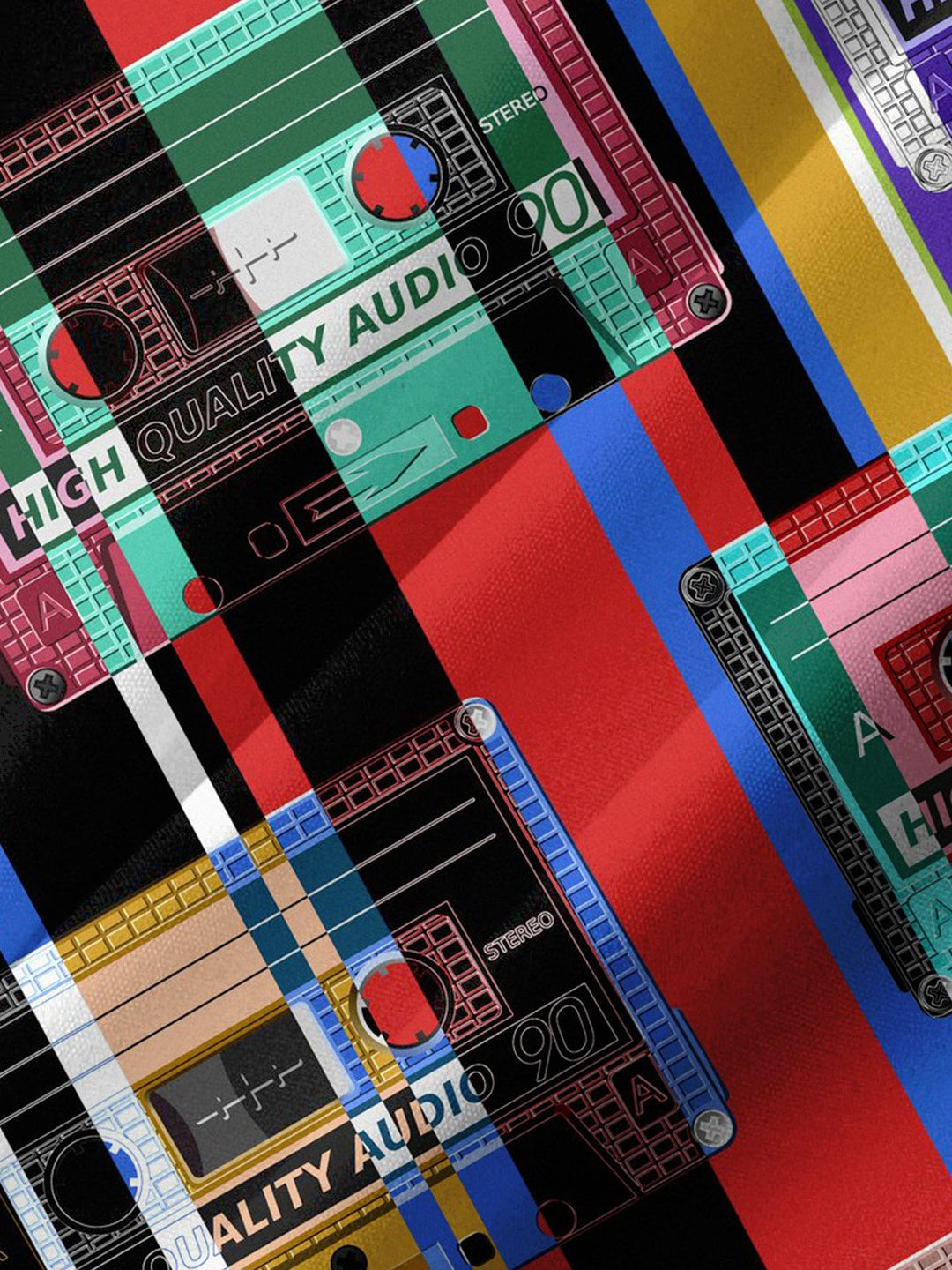 Alohadaddy® Vintage Videotape Geometric Art Print Chest Pocket Mens Short Sleeve Shirt Big &amp; Tall