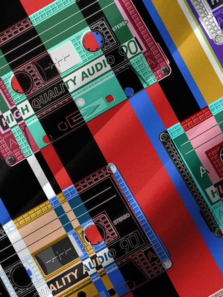 Alohadaddy® Vintage Videotape Geometric Art Print Chest Pocket Mens Short Sleeve Shirt Big &amp; Tall