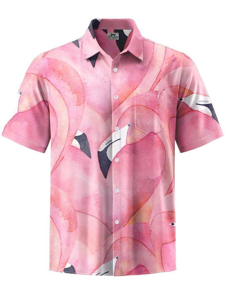 Alohadaddy® Hawaiian Flamingo Geometric Art Print Chest Pocket Stretch Men&
