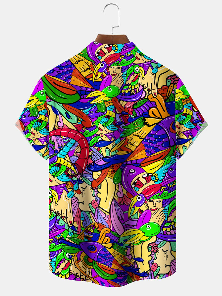 Alohadaddy Casual Series Graffiti Daily Cool Feeling Print Art Pocket Cardigan Button Polyester Stretch Short Sleeve Shirt