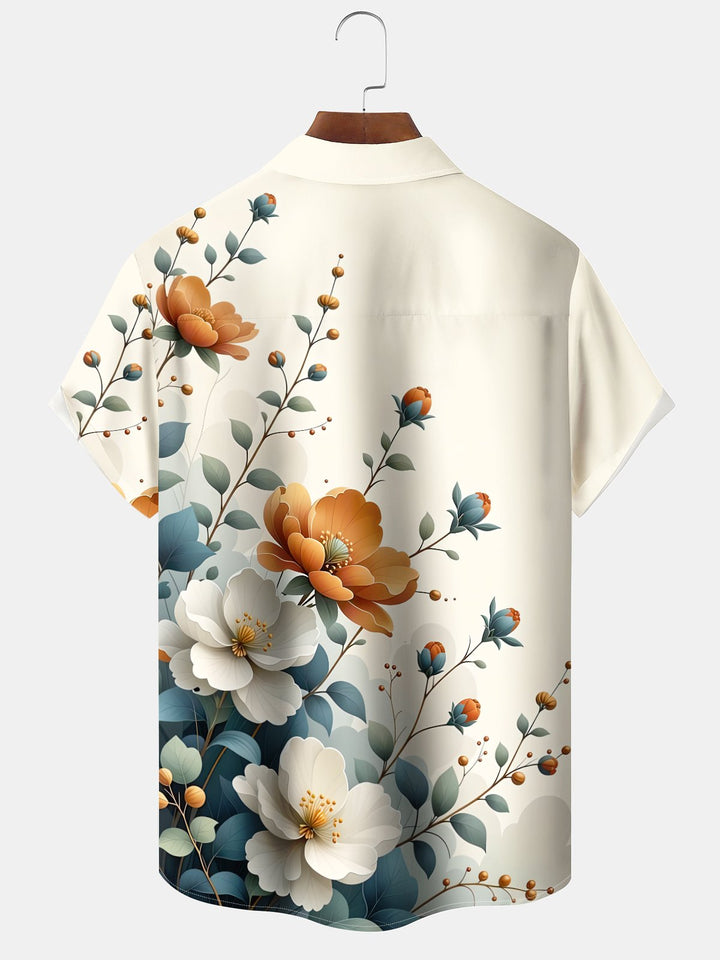 Alohadaddy Casual Collection Flowers Print Art Buttons Cardigan Pockets Fresh Stretch Polyester Short Sleeve Shirt