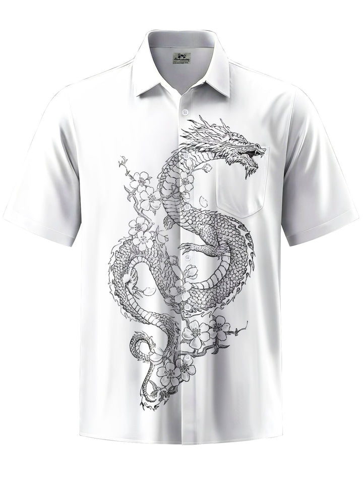 Alohadaddy® Casual Dragon Art Print Chest Pocket Mens Short Sleeve Shirt Big &amp; Tall