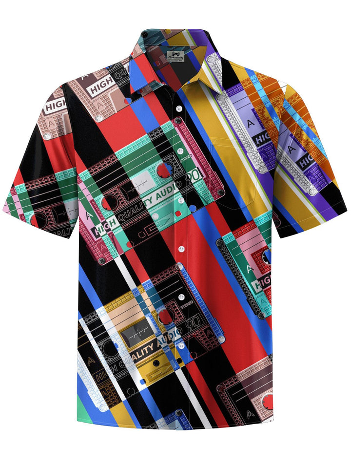 Alohadaddy® Vintage Videotape Geometric Art Print Chest Pocket Mens Short Sleeve Shirt Big &amp; Tall