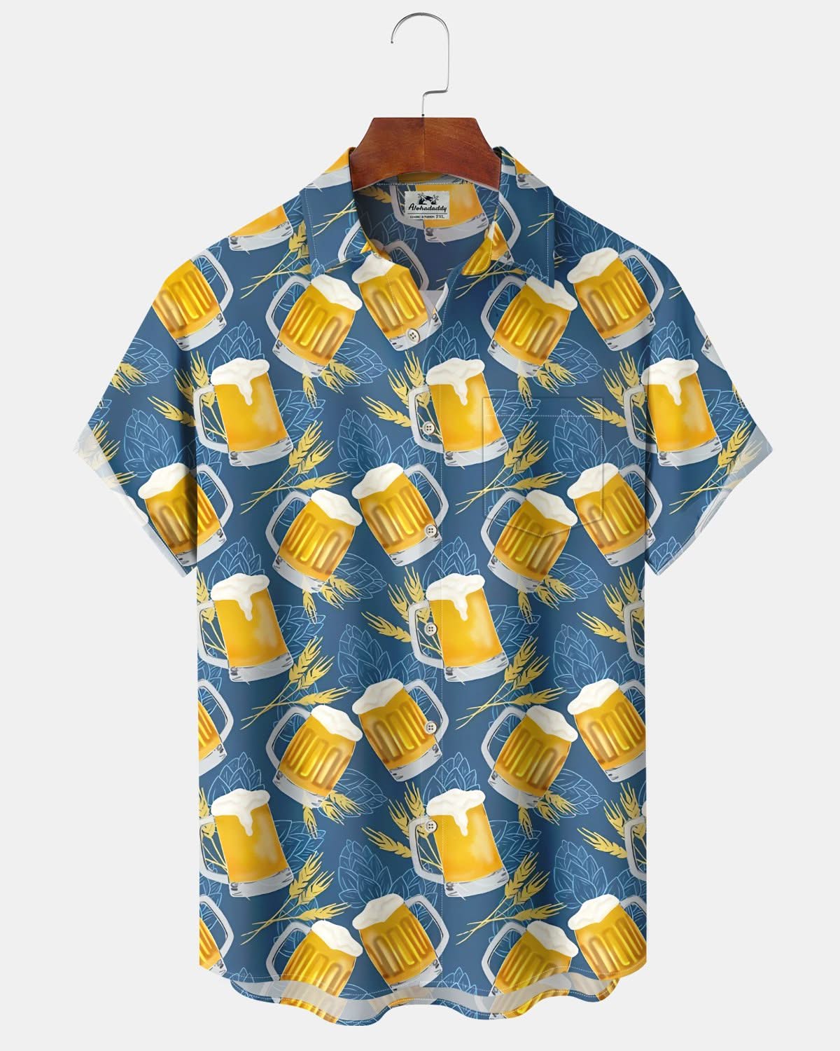 Alohadaddy® Retro Oktoberfest Beer Print Pocket Stretch Men's Short Sleeve Shirt Big & Tall