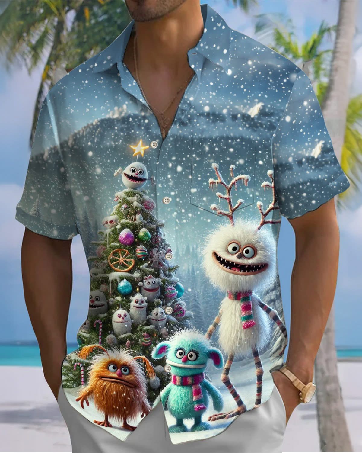 Alohadaddy® Christmas Quirky Dirty Snow Creatures Printed Pocket Button Men's Short Sleeve Shirt Big & Tall