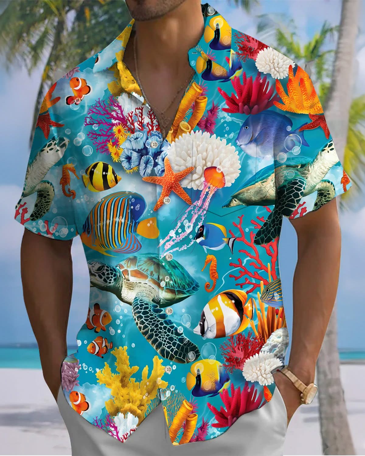 Alohadaddy® Casual Underwater World Fish Print Art Pocket Button Stretch Men's Short Sleeve Shirt Big & Tall