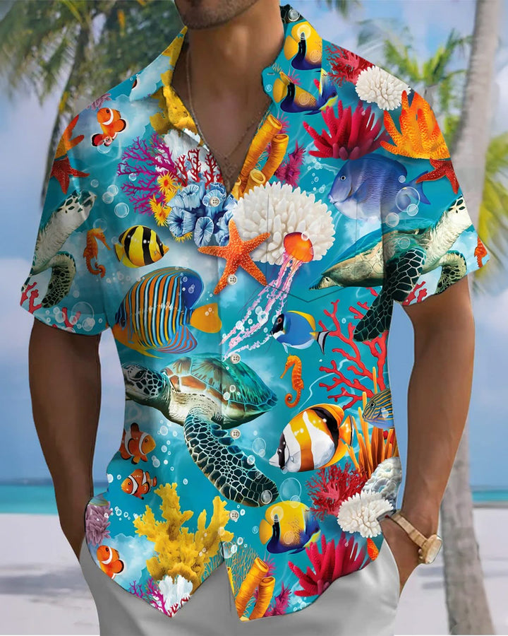 Alohadaddy® Casual Underwater World Fish Print Art Pocket Button Stretch Men&