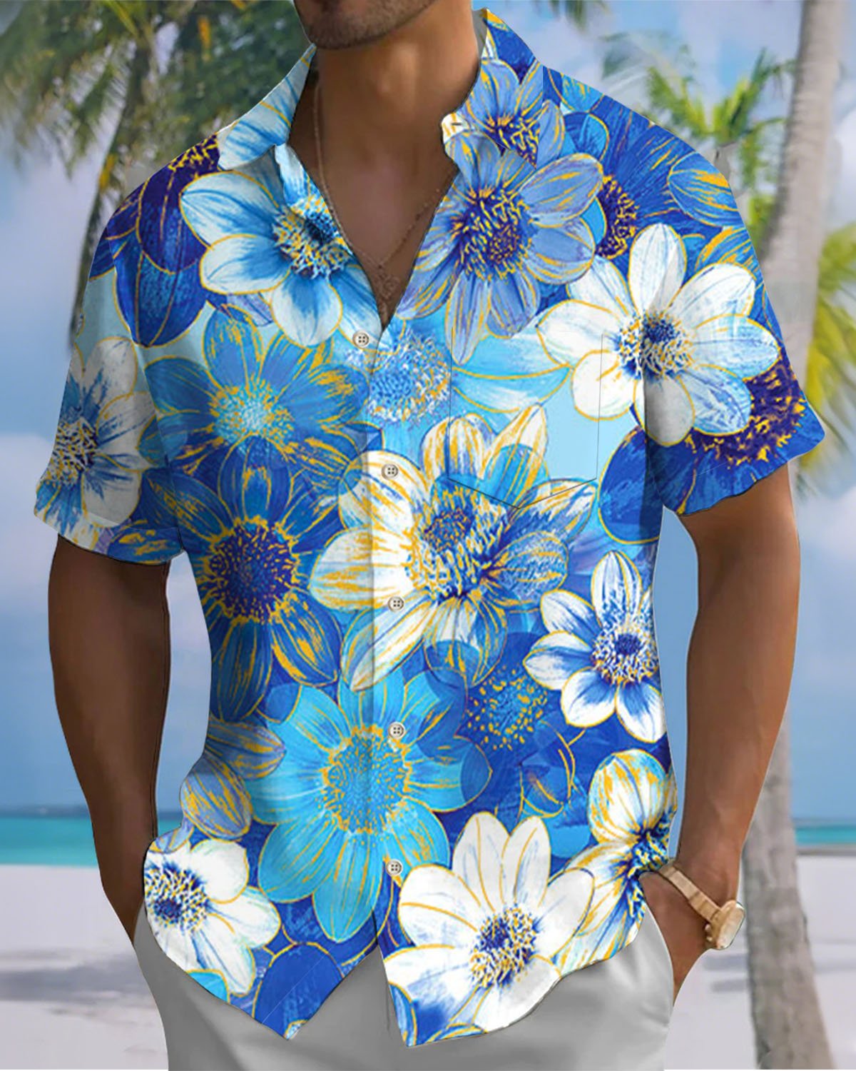 Alohadaddy® Hawaiian Floral Art Print Stretch Button Pocket Men's Short Sleeve Shirt Big & Tall