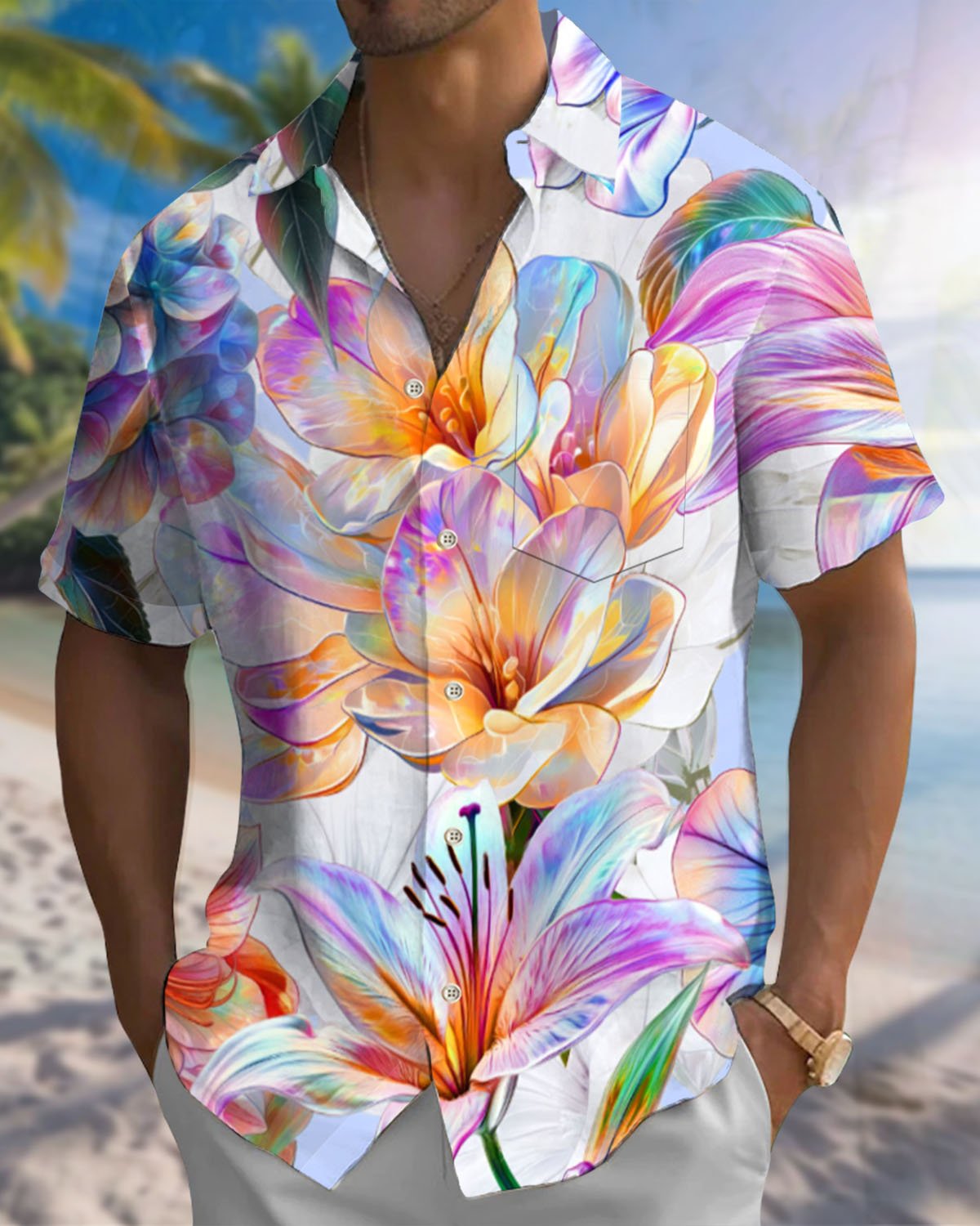 Alohadaddy® Hawaiian Floral Print Art Pocket Stretch Men's Short-Sleeve Shirt Big & Tall