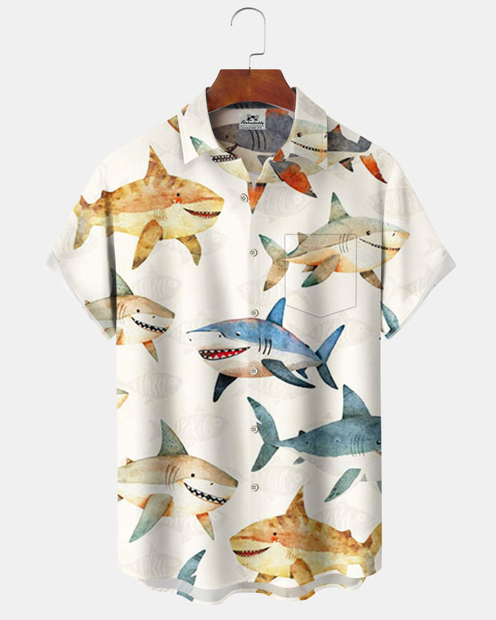 Alohadaddy® Hawaiian Shark Print Art Button Pocket Men&