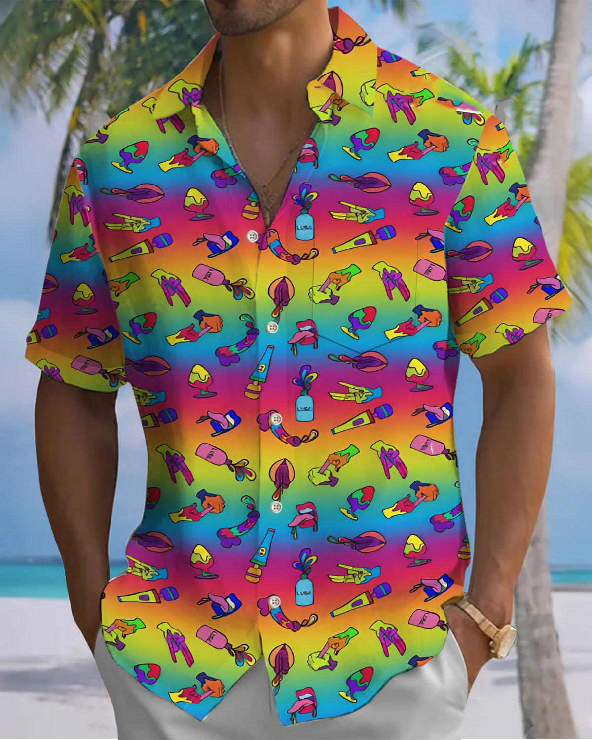 Alohadaddy® Casual Bottle Print Art Button Pocket Cardigan Men's Short Sleeve Shirt Big & Tall