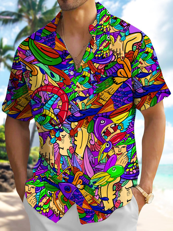 Alohadaddy Casual Series Graffiti Daily Cool Feeling Print Art Pocket Cardigan Button Polyester Stretch Short Sleeve Shirt