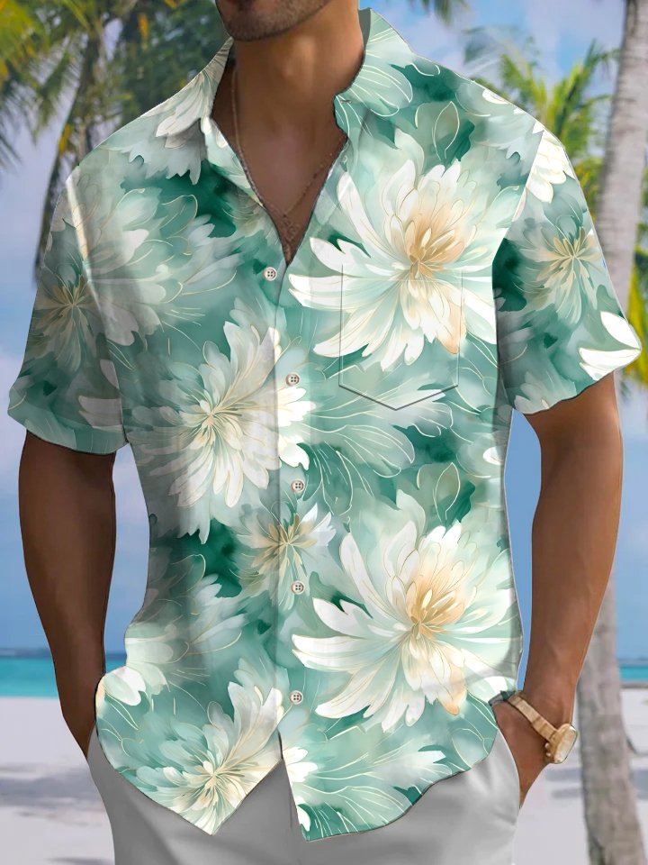 Alohadaddy Casual Everyday Flowers Art Print Polyester Stretch Button Cardigan Pockets Large Size Long Short Sleeve Shirt