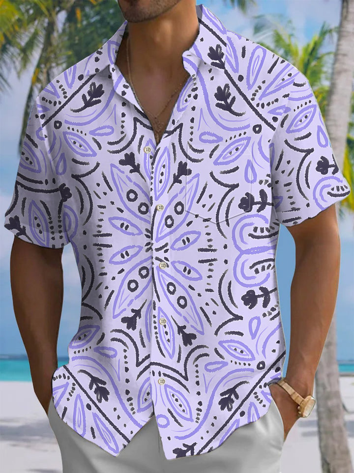 Alohadaddy® Casual Ethnic Pattern Flowers Print Art Chest Pocket Men Short Sleeve Shirt Big &amp; Tall