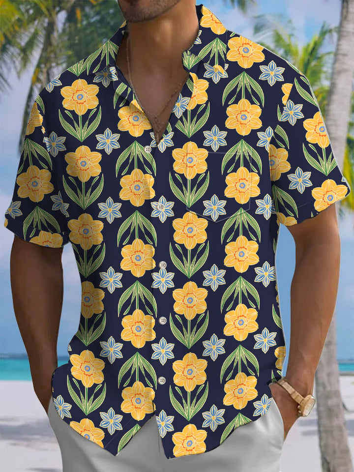 Alohadaddy® Casual Floral Art Print Chest Pocket Men&