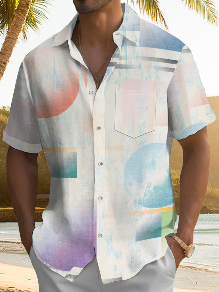 Alohadaddy® Casual Geometric Art Print Chest Pocket Men&