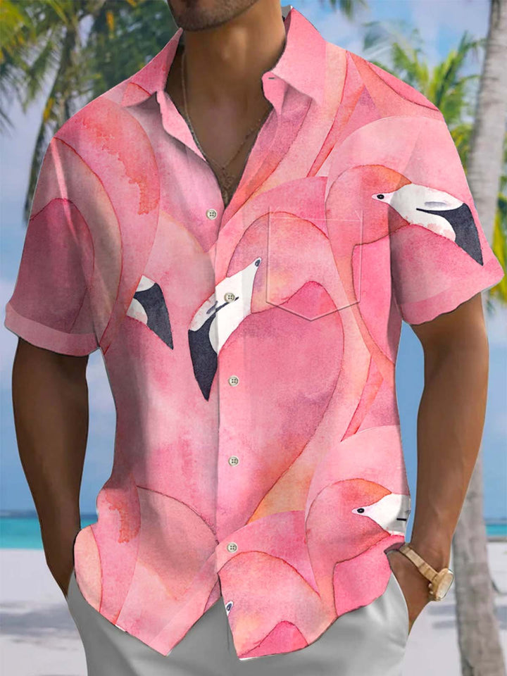 Alohadaddy® Hawaiian Flamingo Geometric Art Print Chest Pocket Stretch Men&
