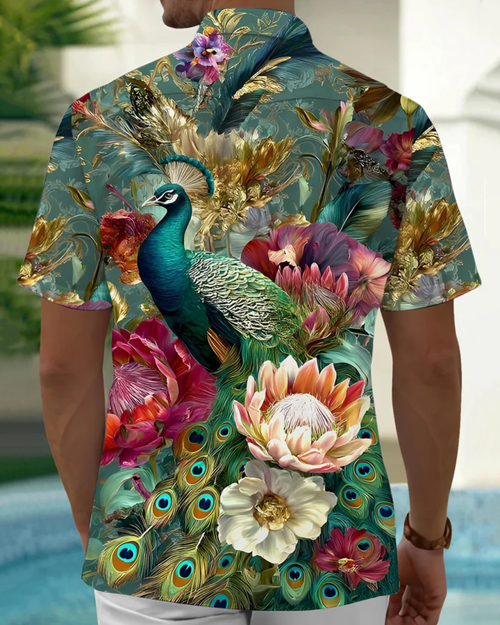 Alohadaddy® Casual Art Peacock Print Art Pocket Button Stretch Men&
