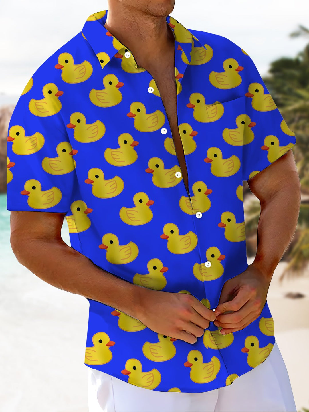 Alohadaddy® Hawaiian Yellow Duck Print Art Chest Pocket Men&