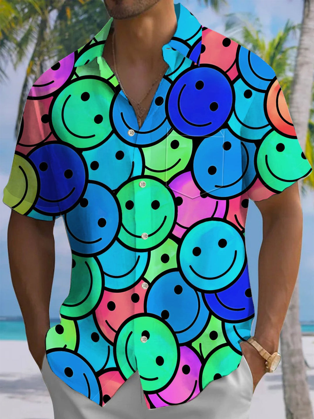 Alohadaddy® Casual Smiley Face Printed Chest Pocket Men&
