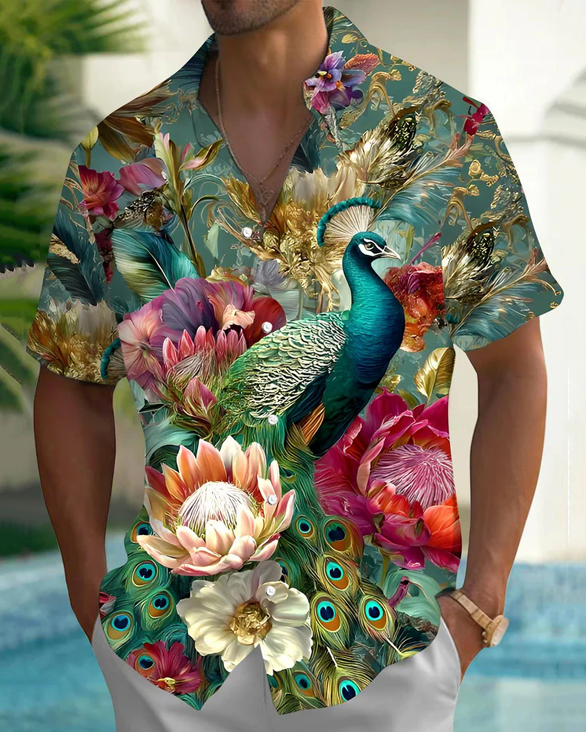 Alohadaddy® Casual Art Peacock Print Art Pocket Button Stretch Men's Short Sleeve Shirt Big & Tall