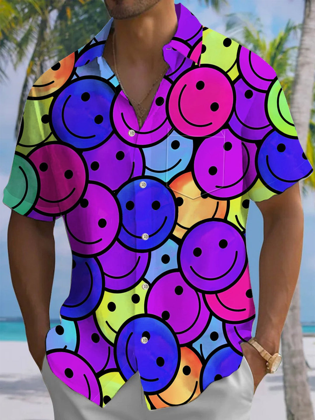 Alohadaddy® Casual Smiley Face Printed Chest Pocket Men&