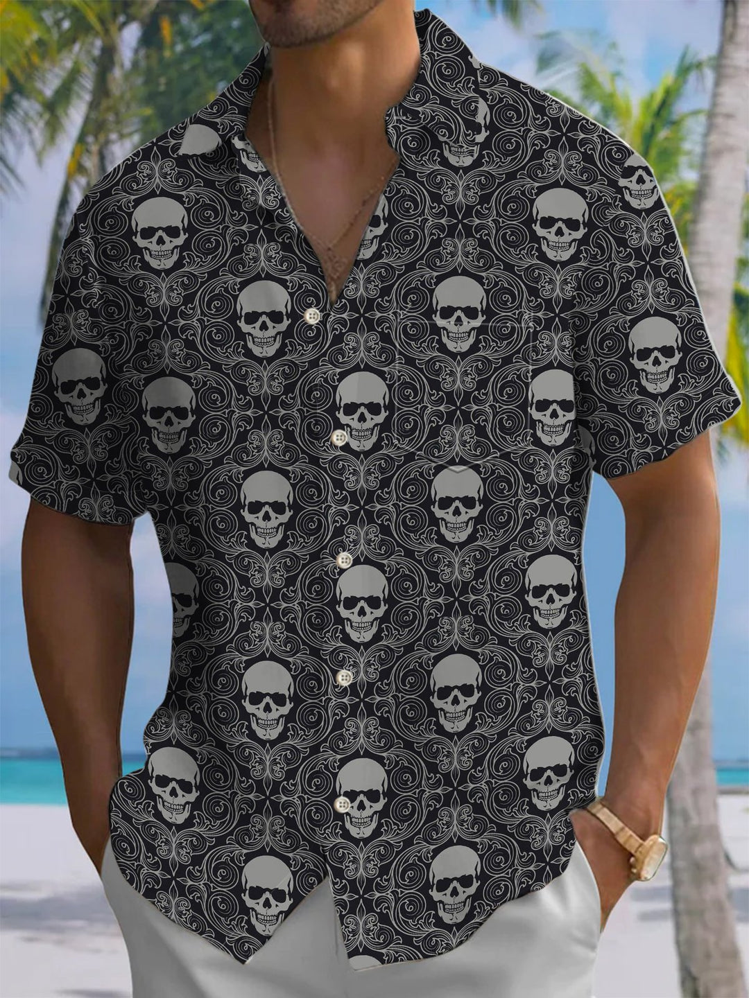 Alohadaddy® Casual Skull Print Chest Pocket Stretch Men&